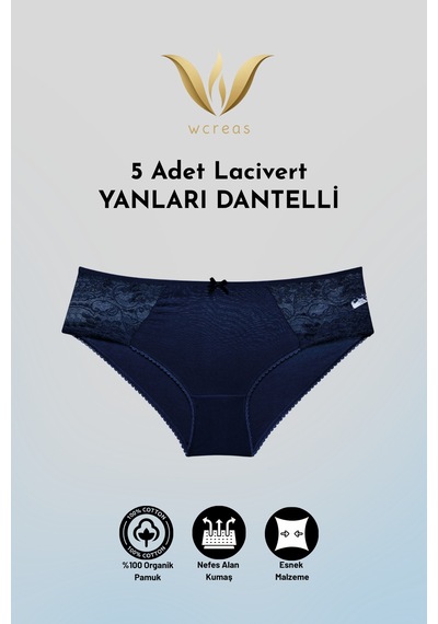 Wcreas Yanları Dantelli Pamuklu Kadın Bato Külot, 5'li Paket Pamuklu Yumuşak Kumaş Dantelli Külot Lacivert