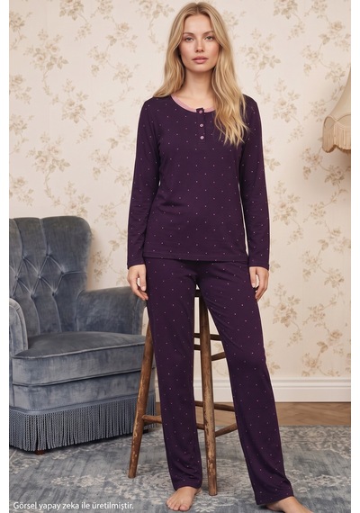 Siyah İnci Mor Desenli Düğmeli Dantelli Viskon Örme Pijama Takım 26224681