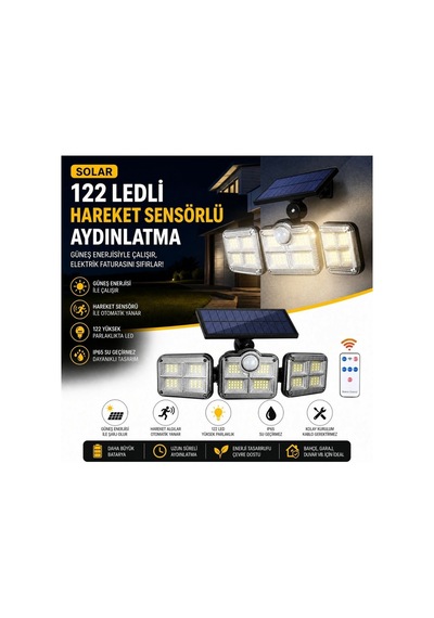 Buffer 3'lü 122 Ledli Güneş Enerjili Hareket Sensörlü Aydınlatma, Dış Mekan Duvar Ve Bahçe Lambası