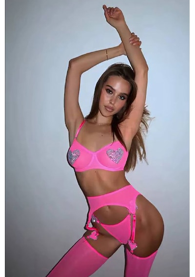 Anna Taşlı Kalpli Jartiyer - Neon-pembe Pembe