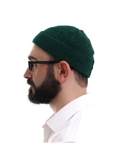 Yeşil Katlamalı Sade Desen Kışlık Kadife Takke Şapka