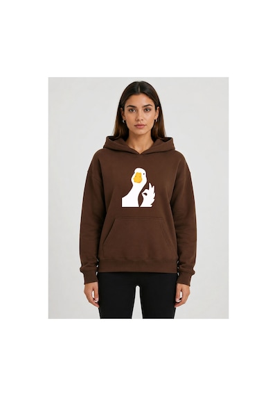 Herkesemoda Ördek Baskılı Kapüşonlu 2 İplik Şardonlu Sweatshirt Kahverengi