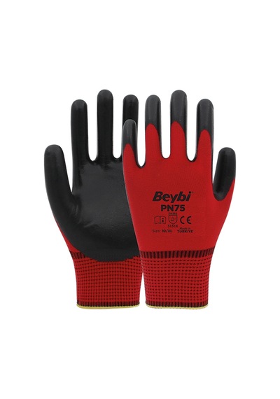 Pn75 Polyester Örme Nitril Eldiven Kırmızı