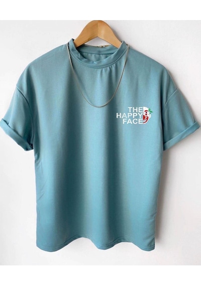 Flood Of Style Erkek Turkuaz Happy Face Baskılı Oversize Tshirt