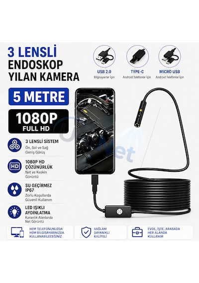 Uninet Türkiyede Ilk 5 Metre 3 Kameralı Android Ve Bilgisayar Uyumlu Endoskop Yılan Kamera 1080p Full Hd