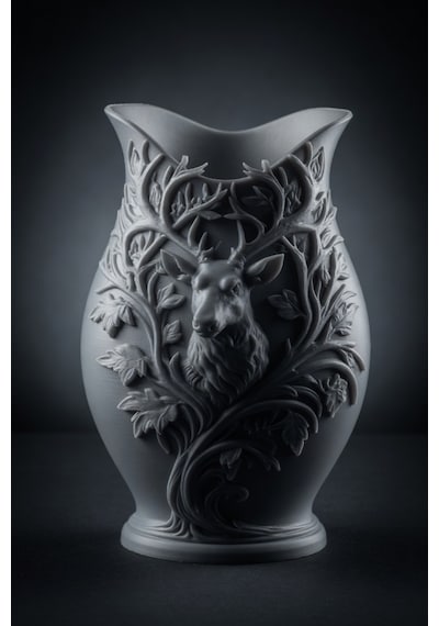 3d Baskılı Geyik Desenli Dekoratif Vazo 15 Cm Gri