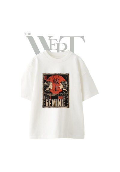 Thewert Japanese Gemini Tasarım Baskılı Ünisex Beyaz Oversize T-shirt