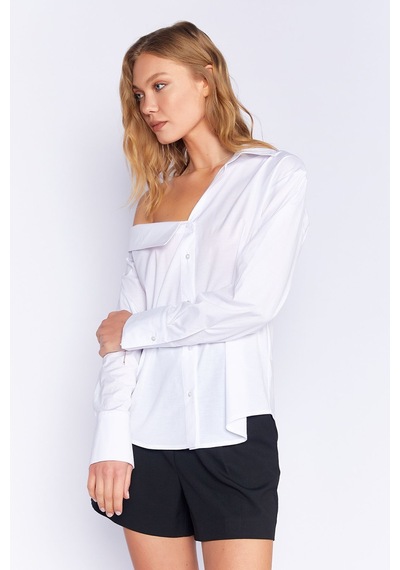 Manche Beyaz Asimetrik Poplin Likralı Gömlek Mks169256-01