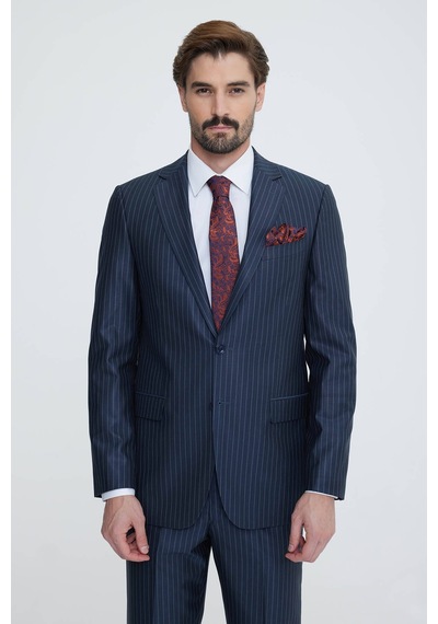 Erkek Lacivert Gri Regular Fit Çizgili Takım Elbise Lacivert - Gri
