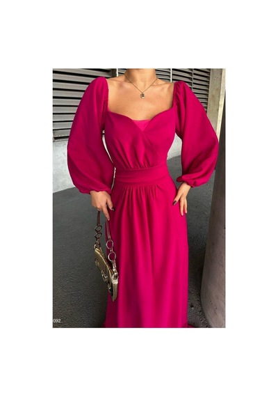 Lior Design Kadın Bohem Saten Kumaş Kare Yaka Maxi Abiye Elbise Fuşya