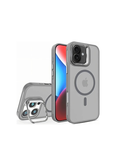 Fibaks iPhone 16 Uyumlu Kılıf Standlı Mat Magsafe Metal Tuşlu Kamera Lens Hediyeli Wonk Kapak Gri