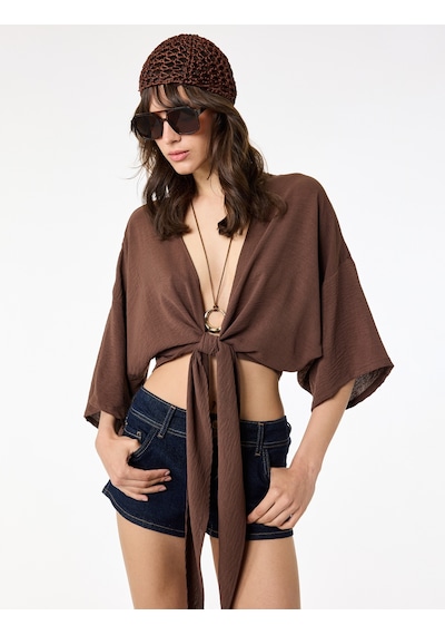 Koton Kısa Kollu Kruvaze Yaka Bağlamalı Crop Oversize Kimono Kahverengi 6sal50004ıw Kahve