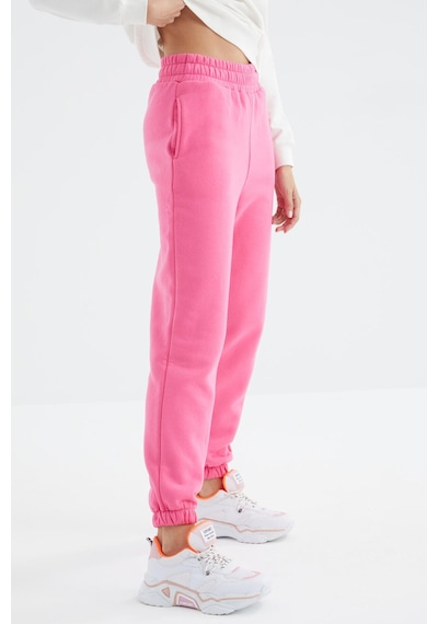 Tommy Life Şeker Pembe Yüksek Bel Şardonlu 3 İplik Pamuklu Basic Kadın Eşofman Altı - 94624 Şeker Pembe