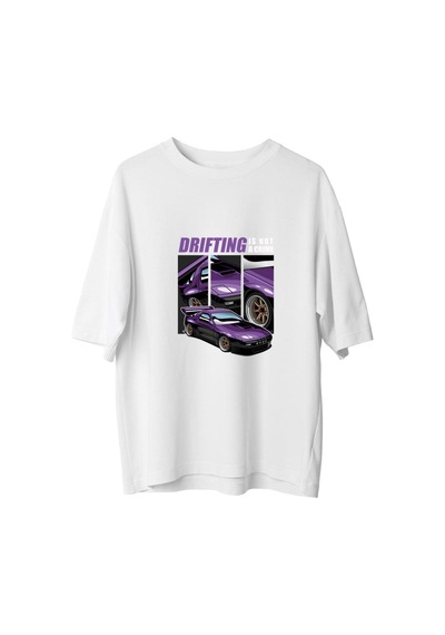 Paybuy Kadın Oversize Baskılı Tişört Drift Otomotiv Temalı Retro Araç Gr Beyaz