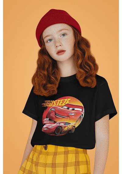 Sevbano Şimşek Mcqueen Arabalar Baskılı Unisex Çizgi Film Çocuk Tişört 1 SIYAH