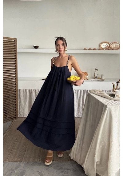 Defymoda Lacivert Askılı Müslin Elbise Lacivert