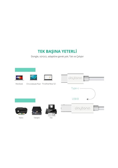 Daytona TB1-2 Type-C to USB B Estrüman Yazıcı Çevirici Kablo 1 M Daytona TB1-2 Type-C to USB B Estrüman Yazıcı Çevirici Kablo 1 M