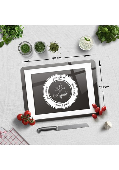 Decorita Cam Kesme Tahtası | Good Food - Siyah Fon | 30x40cm