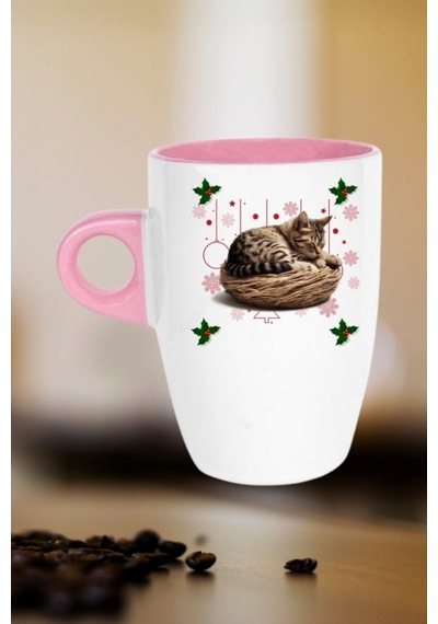 Yeni Yıl Uykucu Kedi Baskılı Kupa Bardak Porselen Latte Filtre Kahve Fincanı Pembe