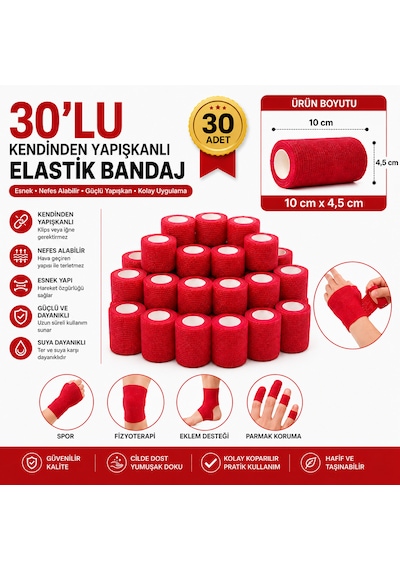 30'lu Elastik Kendinden Yapışkanlı Bandaj Koban Kırmızı Renkli Yapışan Coban 10 Cm X 4,5 Mt