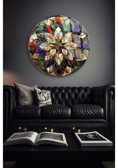 Vitray Çiçek Mandala Cam Tablo Modern Sanat Tablosu Canlı Renkli Baskı Ofis Ve Çalışma Odası Anlamlı Hediye Seçeneği Kolay Montaj Askılı