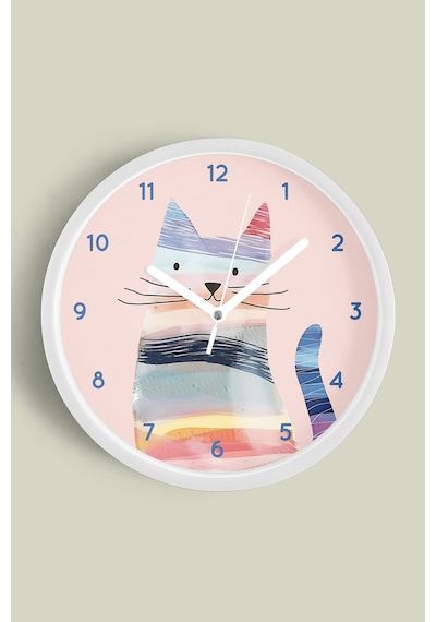 Renkli Kedi Tasarım Modern Duvar Saati - Çocuk Odası Duvar Saati - 35cm - Önü Camlı Beyaz Kasa Beyaz