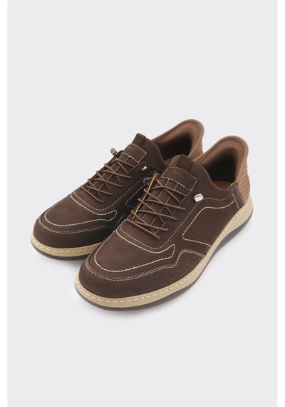 Derinet Hakiki Deri Lastik Bağcıklı Erkek Sneaker Kahve Nubuk Kahve Nubuk