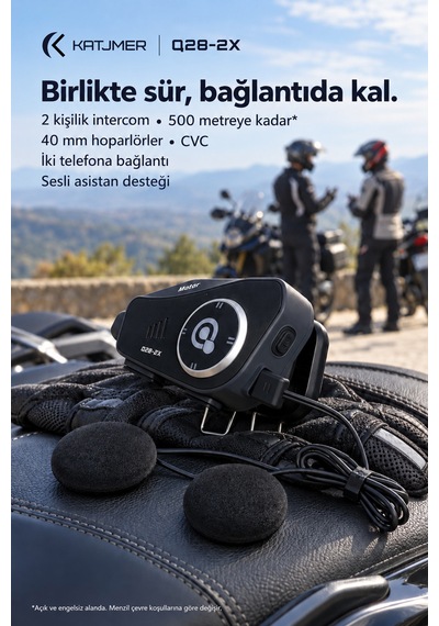 Q28-2x Bluetooth 5.0 Motosiklet İnterkom Kulaklığı 500 M, 2 Kişilik, Ipx6, 1500 Mah, 50 Saat Konuşma - Siyah