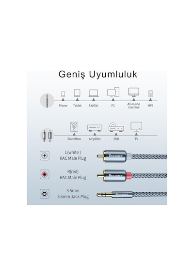 Essager Proseri 1mt 3.5mm Jack To Rca Kablo Rca Stereo Hifi Ses Sistemi Kablosu Kopmaz Kablo