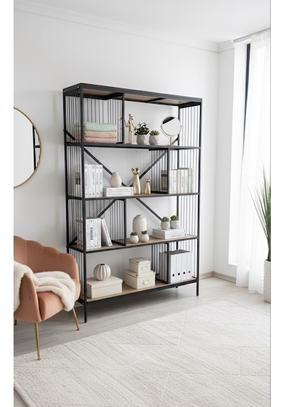 Dekoratif Lüx 5 Raflı Kitaplık Geniş Metal Kitaplık Dosya Rafı Ofis Salon Raf Ceviz Siyah Metal Tel Dekoratif Lüx 5 Raflı Kitaplık Geniş Metal Kitaplık Dosya Rafı Ofis Salon Raf Ceviz Siyah Metal Tel