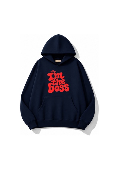 Herkesemoda Yazı Baskılı Kapüşonlu 2 İplik Şardonlu Sweatshirt Lacivert