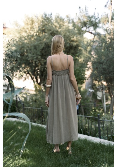 Mai Collection Mai Studios Co. Torrora Uzun Haki Keten Elbise Haki