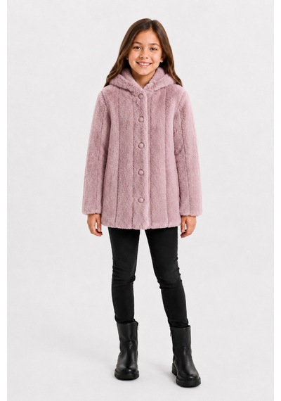 Ahengim Kız Çocuk Kışlık Kapüşonlu Düğmeli Astarlı Dikey Çizgili Peluş Mont Ak4510 Pembe