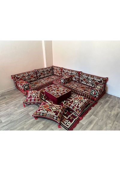 Coton Şark Köşesi Anadolu Desenli Minder Takımı Bordo 15 Parça