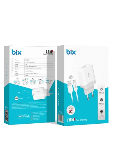 Bix 18w Qc 3.0 Hızlı Şarj Cihazı Ve Type-c Usb Kablo Beyaz