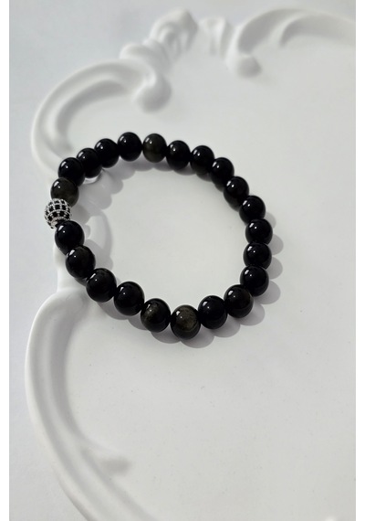 8 Mm Zirkon Taşlı Gold Obsidyen Doğaltaş Bileklik Siyah