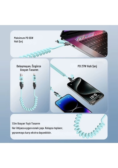Alfais 6008 Usb Type-c Lightning 4'ü 1 Arada 65w Pd Hızlı Şarj Data Kablosu 1.5m Spiral Çevirici