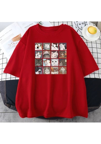Flood Of Style Erkek Kırmızı Cat Baskılı Oversize Bisiklet Yaka Tshirt