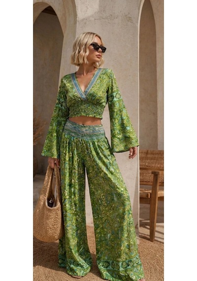 İbeeka Bohem Luxe Paisley Desen Gipeli Crop Akışkan Bol Paça Pantolon Takım Yeşil