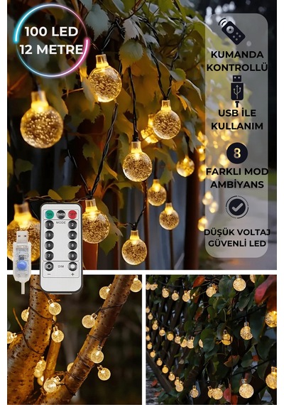 Technosmart 100 Ledli Usbli Kumandalı 8 Modlu Kristal Toplu Işık Parti Süsleme Organizasyon Sarı