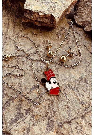 Mini Şık Kıyafetiyle Sizlerle Tatlı Mouse Paslanmaz Çelik Gold Renk Kolye Küpe Seti Altın