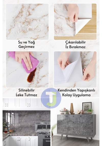 Technojet Kendinden Yapışkanlı Mermer Desen Folyo Mutfak Banyo Tezgah Duvar Kaplama 60cmx300cm Koyu Gri