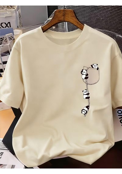 Sevimli Panda Grafikli İpli Cep Detaylı Kısa Kollu Oversize Unisex Bisiklet Yaka Tişört Taş Rengi Sevimli Panda Grafikli İpli Cep Detaylı Kısa Kollu Oversize Unisex Bisiklet Yaka Tişört Taş Rengi