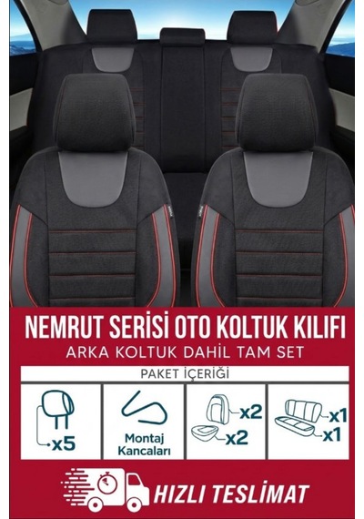 Nemrut Serisi Lakost Kumaş Universal Oto Koltuk Kılıfı Tam Set Siyah-Kırmızı
