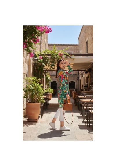 Polologin Butik Yaprak Desenli Düğmeli Yazlık Tunik Yeşil