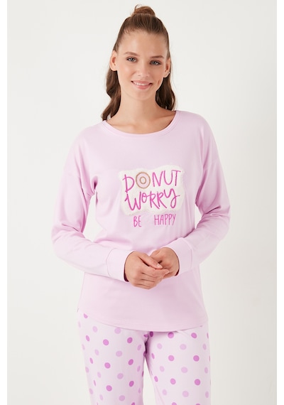 Lela Streç Standart Fit Bisiklet Yaka Desenli Bayan Pijama Takımı 6095700 Açık Pembe