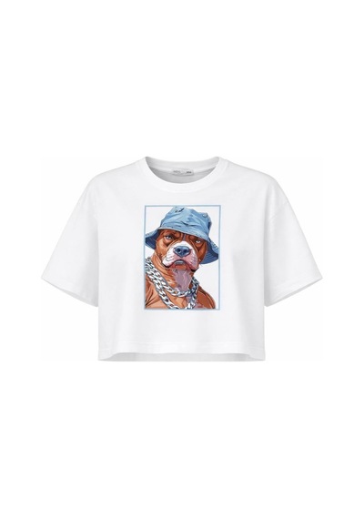Kadın Beyaz Pitbull Baskılı Pamuklu Crop Tişört Beyaz