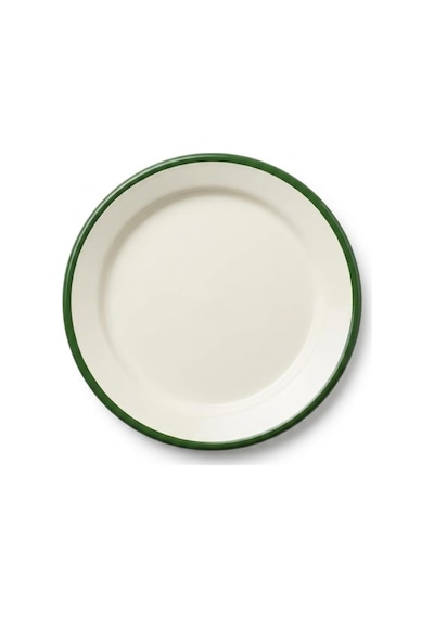 4'lü Emaye Servis Tabağı Seti - 25 Cm Krem Renkli Yeşil Kenarlı Yemek Tabağı Takımı - Retro Nos Krem Yesil