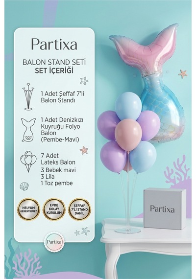 Denizkızı Kuyruğu Balon Stand Seti Şeffaf 7 Li Stand + Denizkızı Kuyruğu Folyo Balon Pembe-mavi + 7 Lateks Balon Pembe - Mavi