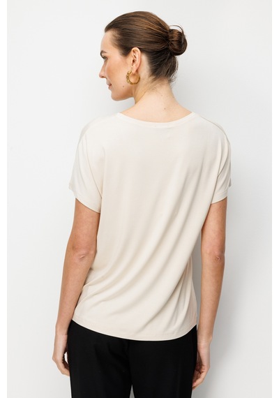 Kadın Sıfır Yaka Önü Payet Güllü Penye T-shirt Bej Bej